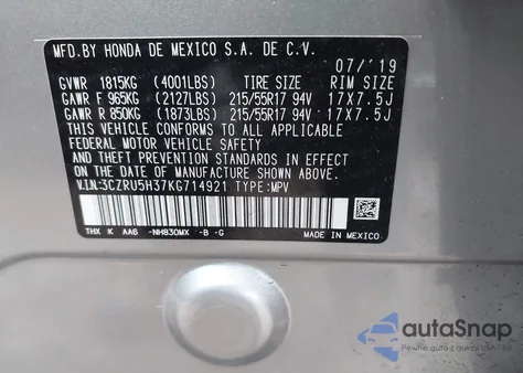 2019 Honda Hr-V Lx из США, поврежденный, VIN 3CZRU5H37KG714921